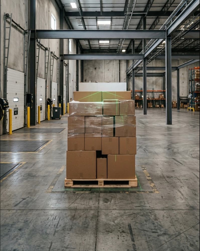 Palletized freight staged in a distribution warehouse