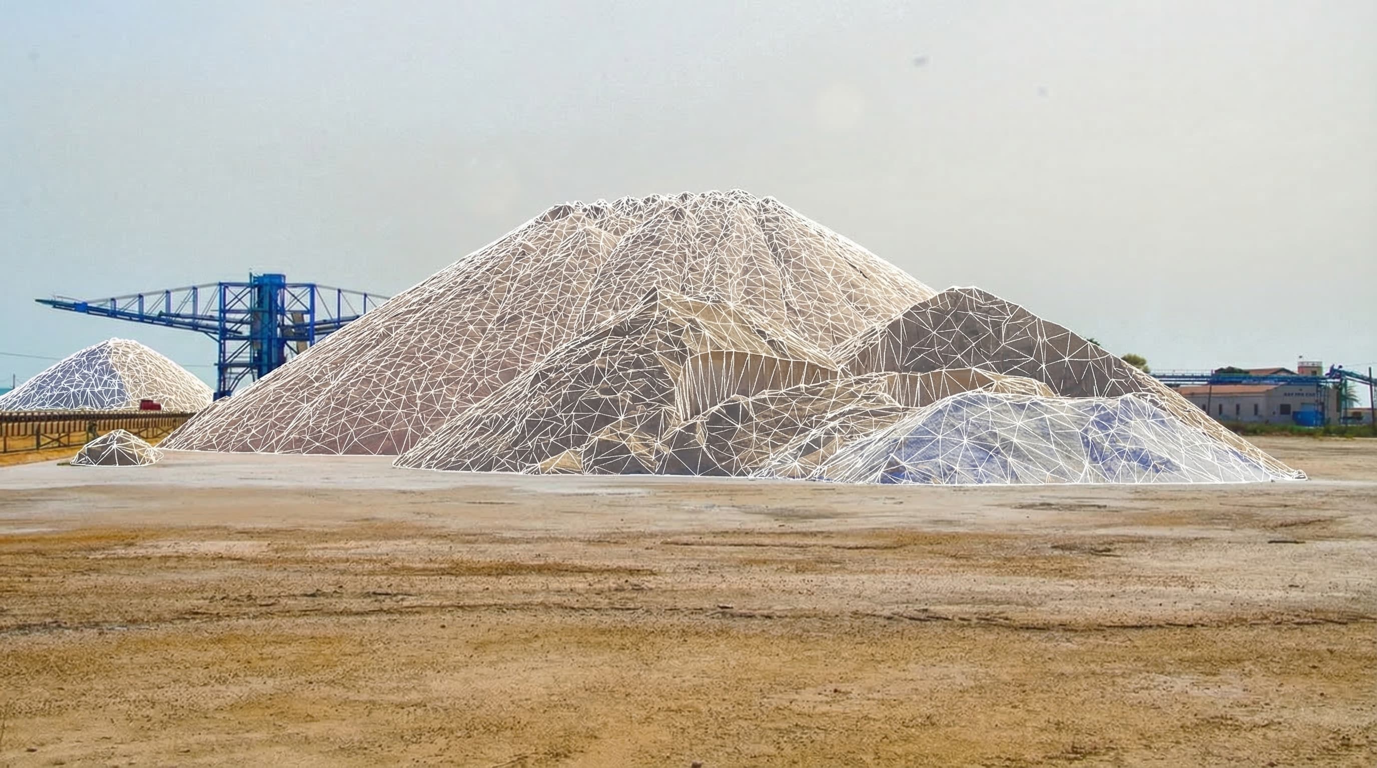 3D scan mesh overlay on outdoor aggregate stockpiles