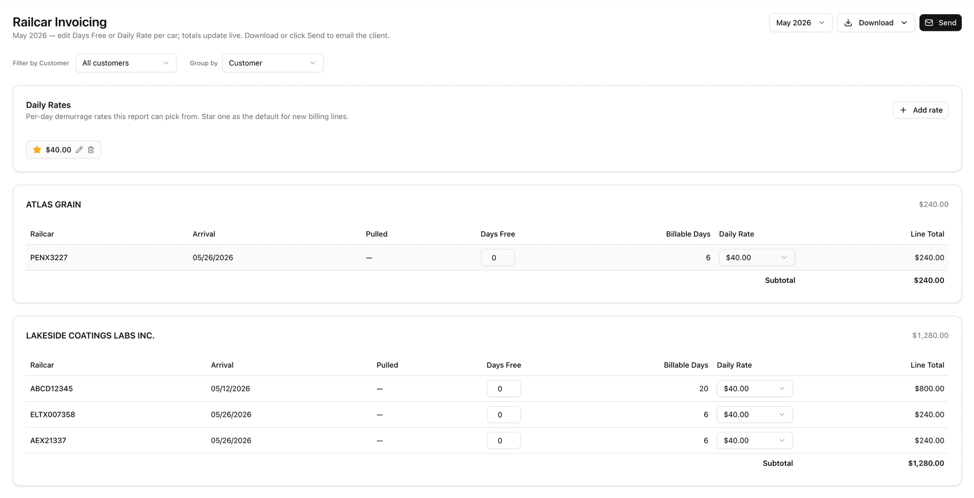 Rebulk demurrage and billing screen
