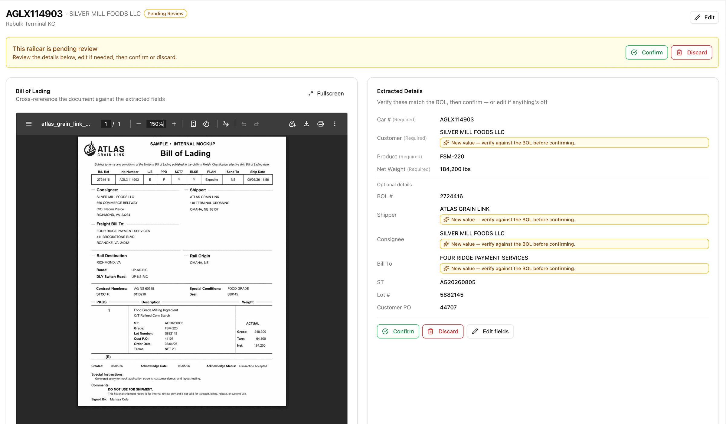 Rebulk OCR document scanning extracting railcar numbers, products, weights, and customers from shipment paperwork
