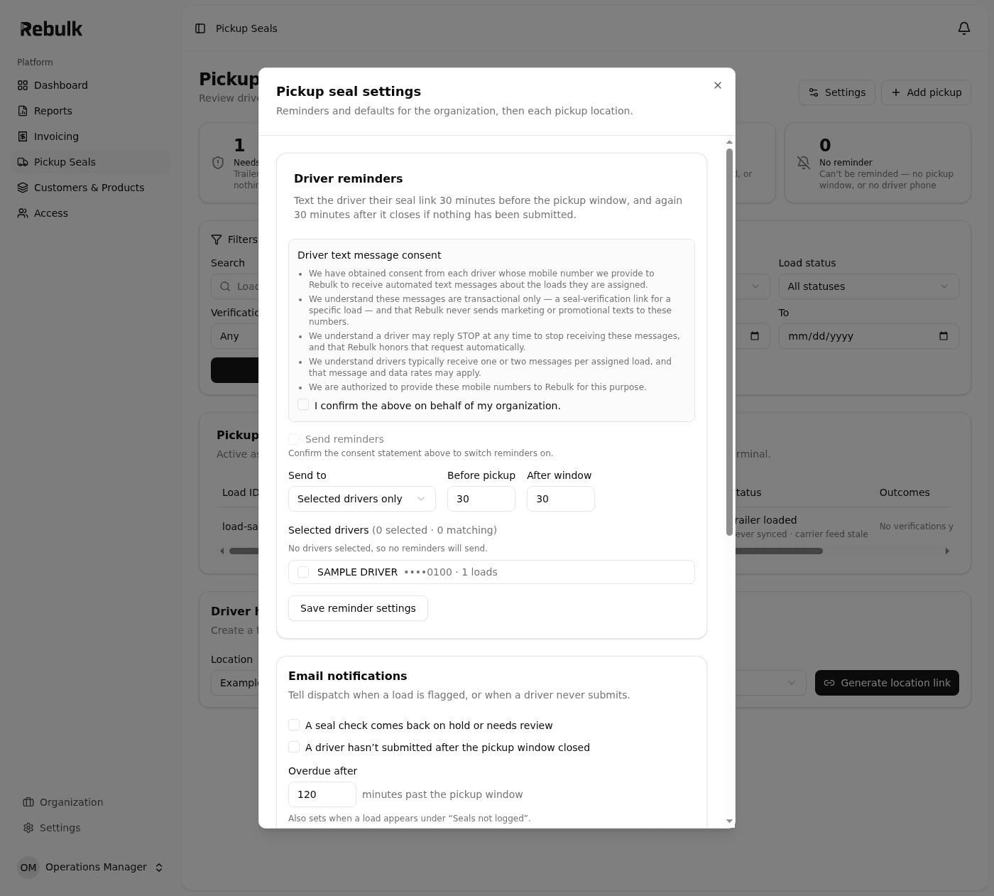 The Rebulk driver reminder settings, showing the consent statement with the Send reminders control disabled until it is confirmed.