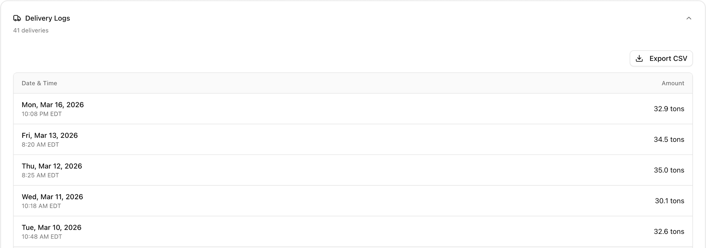 Rebulk delivery log listing each delivery by date, time, and tons delivered