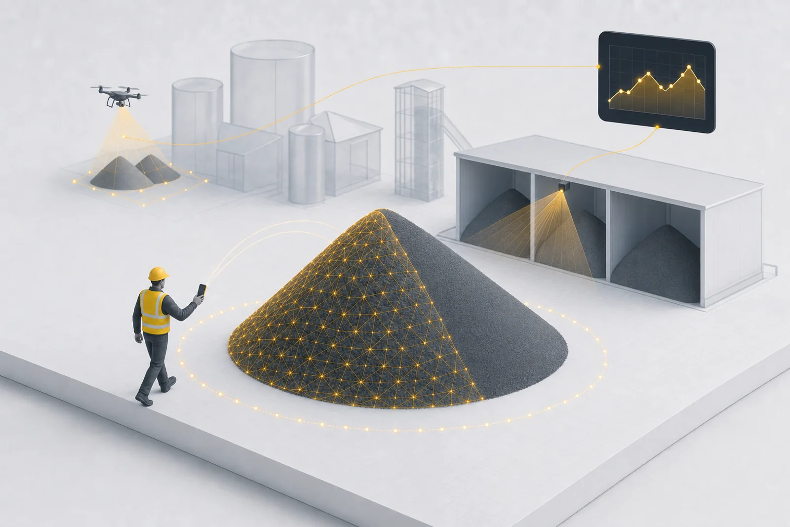 Stockpile measurement methods compared: a worker scans a gravel pile with a phone while walking one lap, a drone surveys distant piles, and a fixed sensor monitors storage bays, all feeding one live inventory dashboard