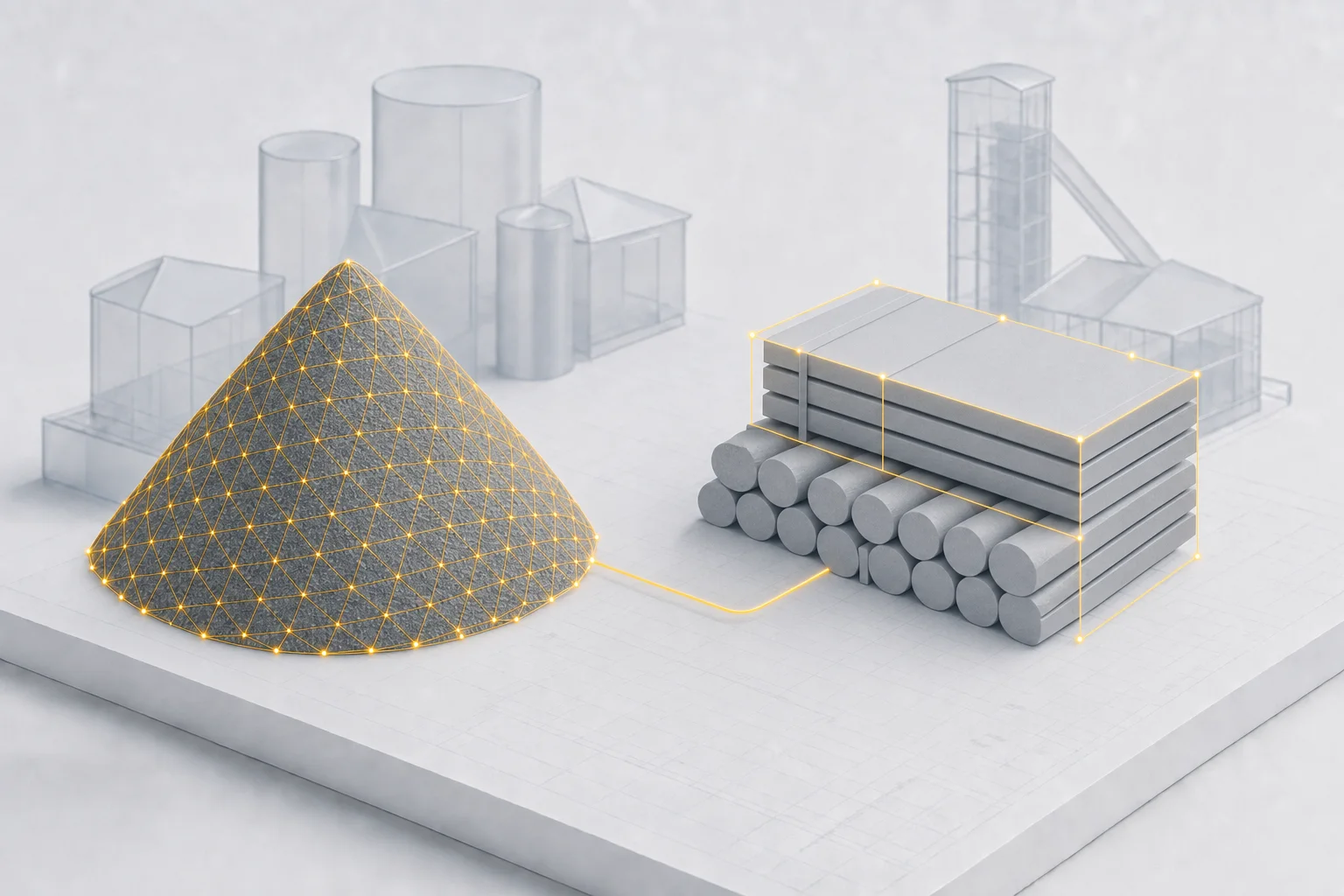 A loose bulk material pile wrapped in an amber measurement mesh beside a stacked bundle of lumber and logs marked with an amber count outline, joined by one amber inventory line, illustrating bulk versus break bulk cargo tracked in one inventory system
