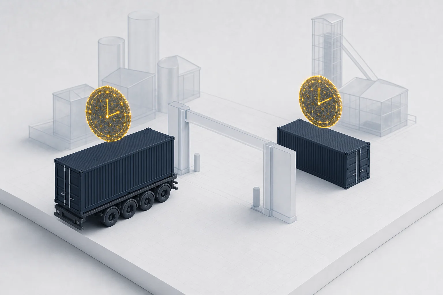 Two shipping containers separated by a terminal gate, one inside the terminal and one on a truck chassis outside, each with a glowing clock above it, illustrating demurrage versus detention charges