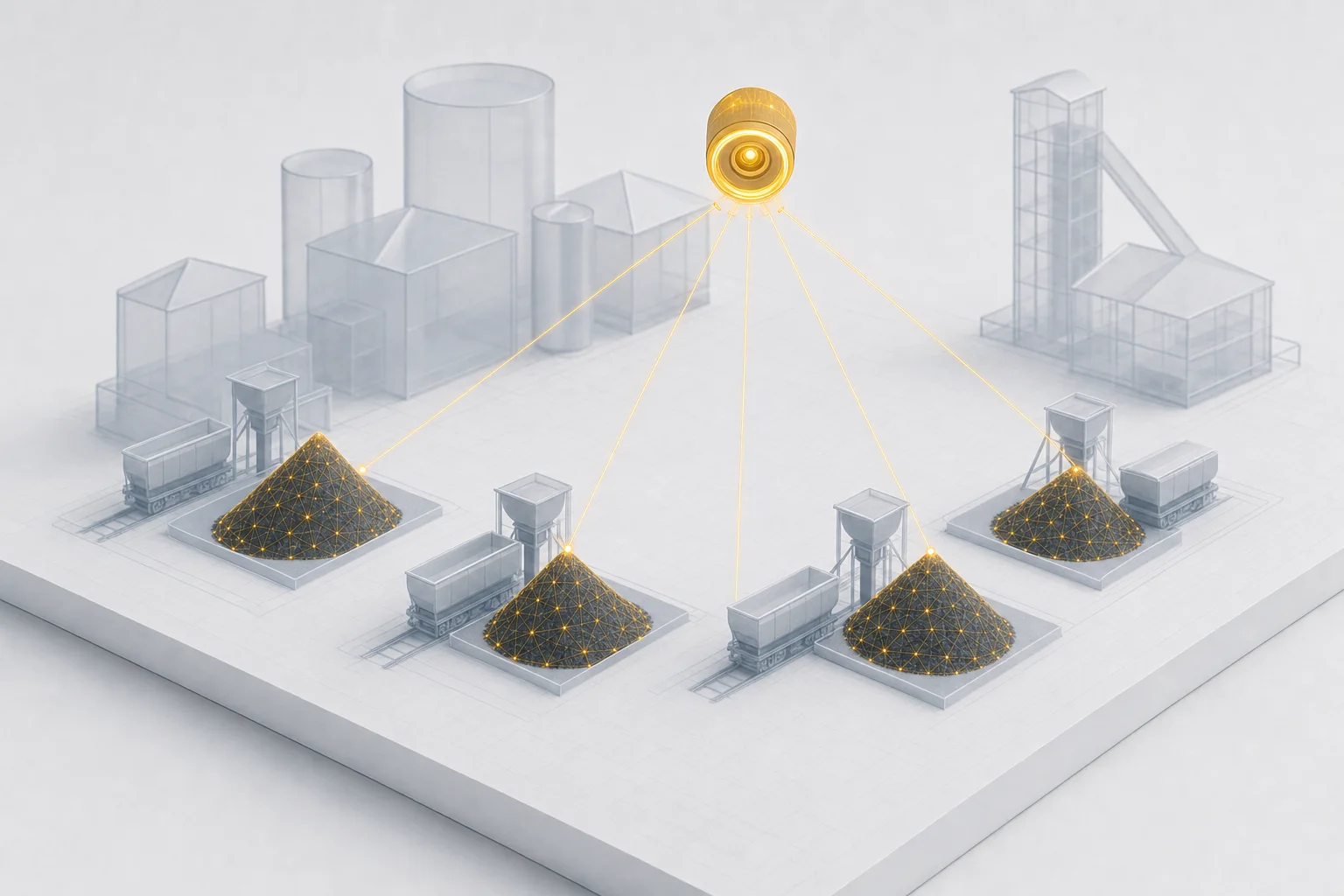 Four transload terminals, each with a measured amber material pile and a hopper car, all connected to one central amber viewing lens, illustrating Rebulk for Shippers showing measured inventory across every terminal in one portal