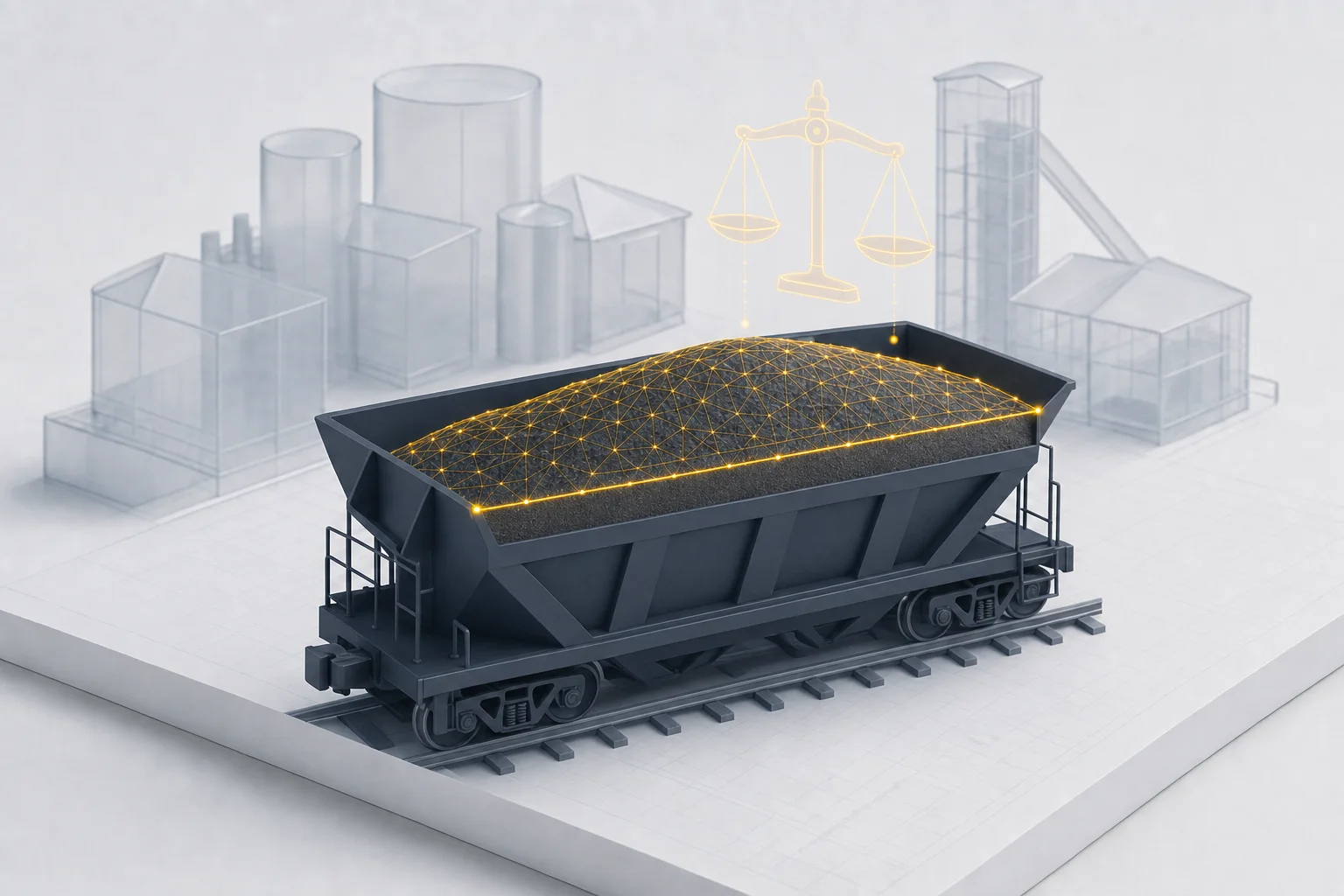 A hopper railcar heaped with material above an amber measurement mesh and fill line, with a wireframe balance-scale icon floating above: volumetric load measurement as an alternative to a rail scale for preventing railcar overloads