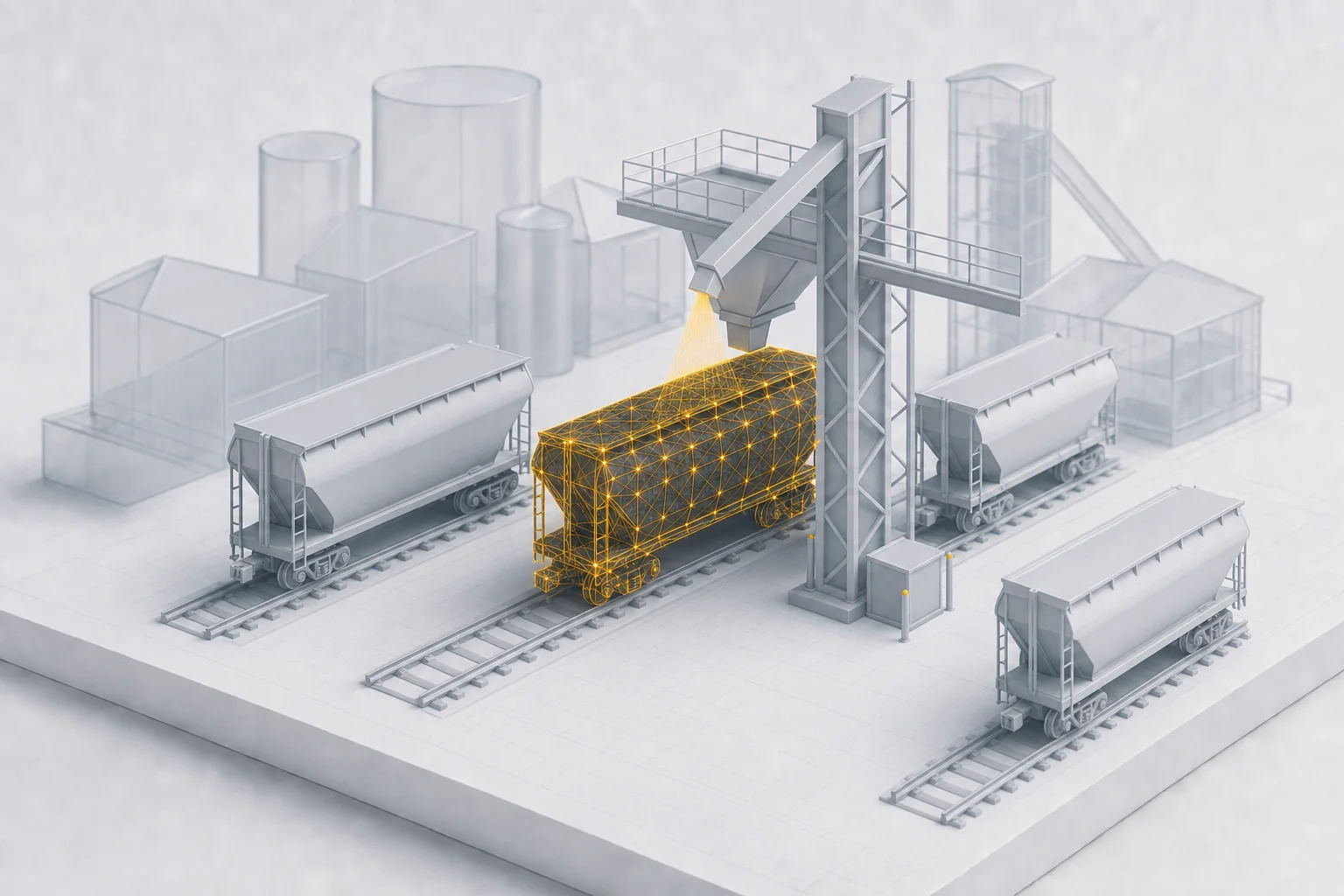 A rail-served terminal with hopper cars on parallel tracks and one car glowing amber as it is loaded at a spot, illustrating a RAILTRAC alternative built for facilities managing cars on their own tracks