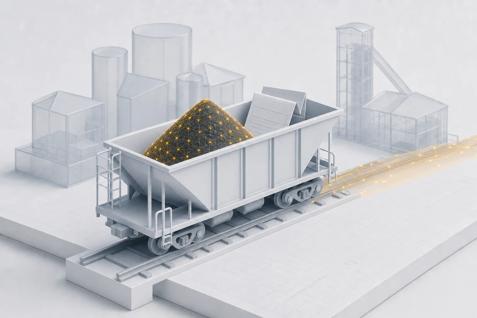 A hopper railcar on a track with a glowing amber track-and-trace path trailing behind it, and a measured material pile and a bill of lading riding inside the car, illustrating a Steelroads alternative that tracks cars and ties each to its material and paperwork