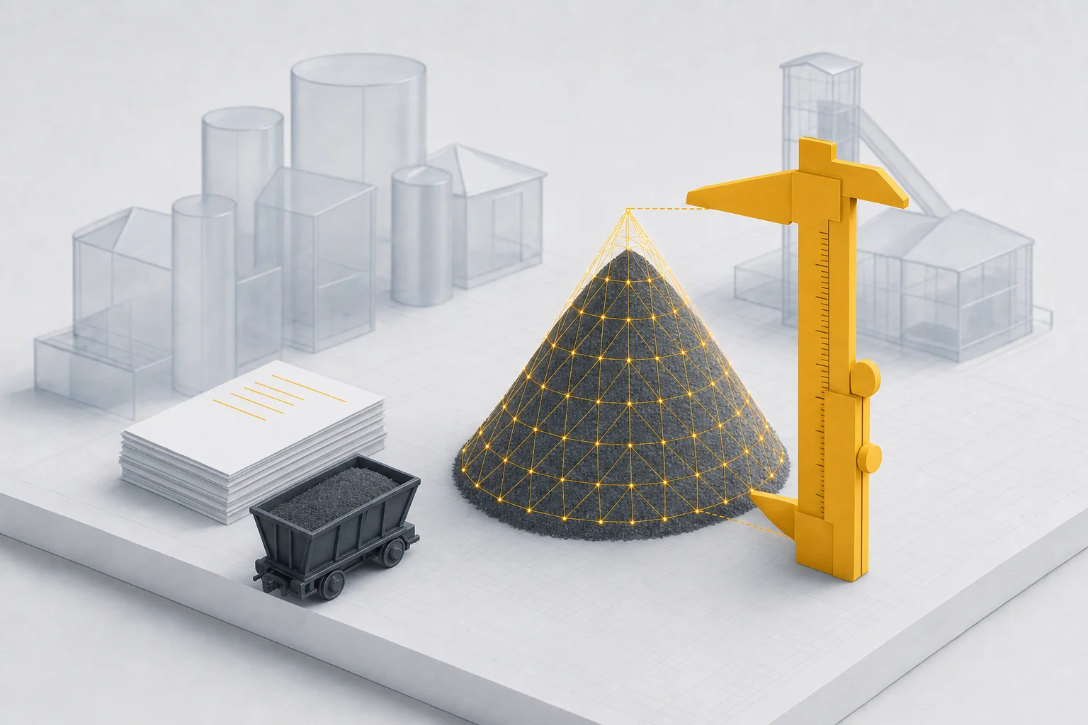 An amber caliper measuring a conical stockpile overlaid with a glowing measurement mesh, beside a stack of shipping documents and a rail hopper car. Free measurement tools for bulk materials