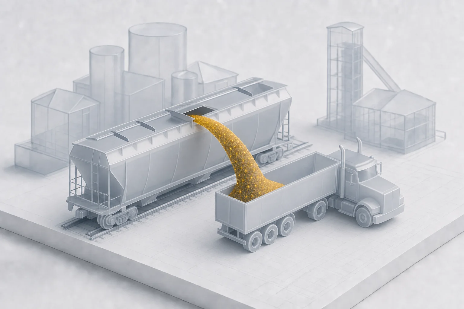 A covered hopper railcar transferring bulk material in an amber stream into a waiting dump truck at a rail-served transload terminal, illustrating rail-to-truck transloading services