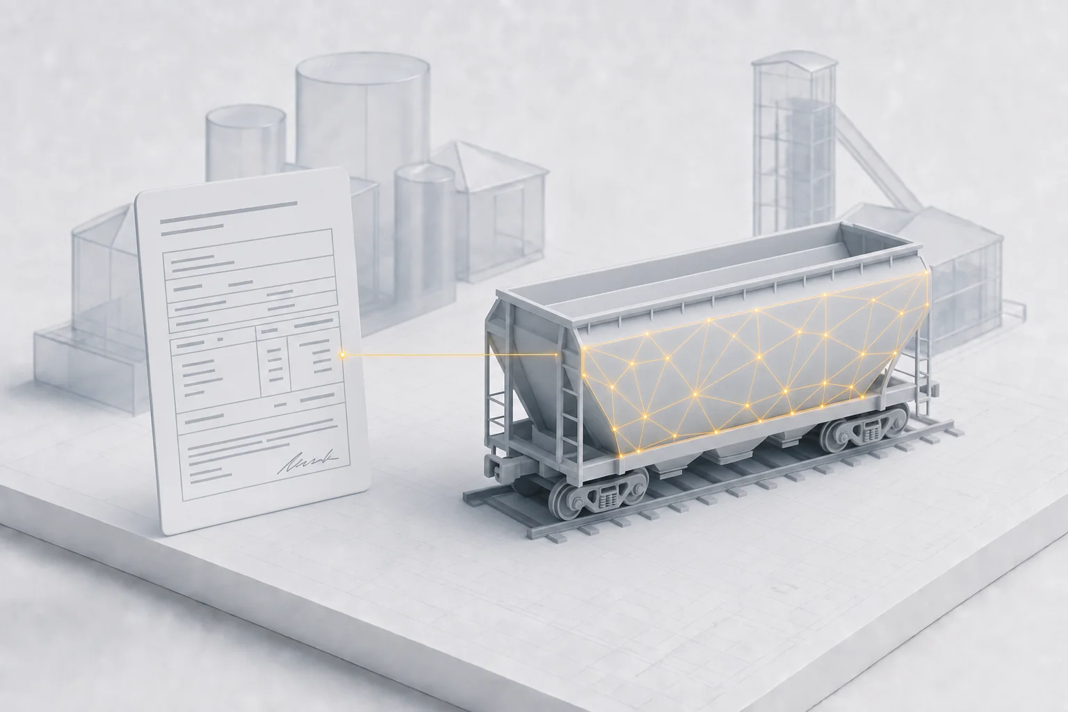 A bill of lading document standing beside a frosted-gray hopper railcar, with an amber thread linking the paper to the measured material inside the car, illustrating what a bill of lading is