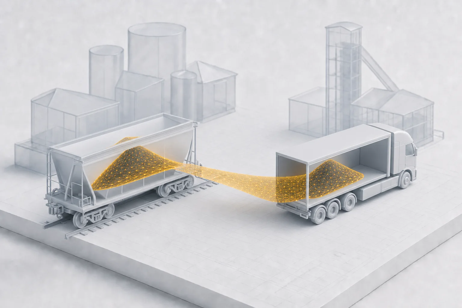 A frosted-gray inbound hopper railcar and an outbound truck facing across a loading dock, with bulk material passing straight through between them in an amber stream, illustrating what cross-docking is