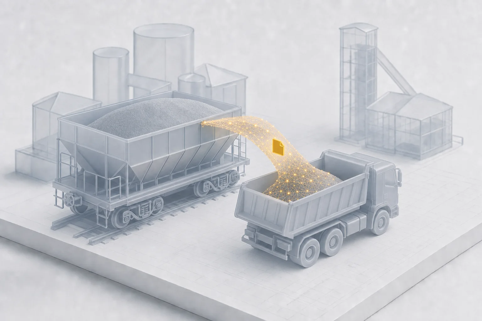 A frosted-gray hopper railcar and a dump truck at a transload terminal with loose bulk material flowing between them in an amber stream and a single amber bill-of-lading tag on the transfer, illustrating what transloading is